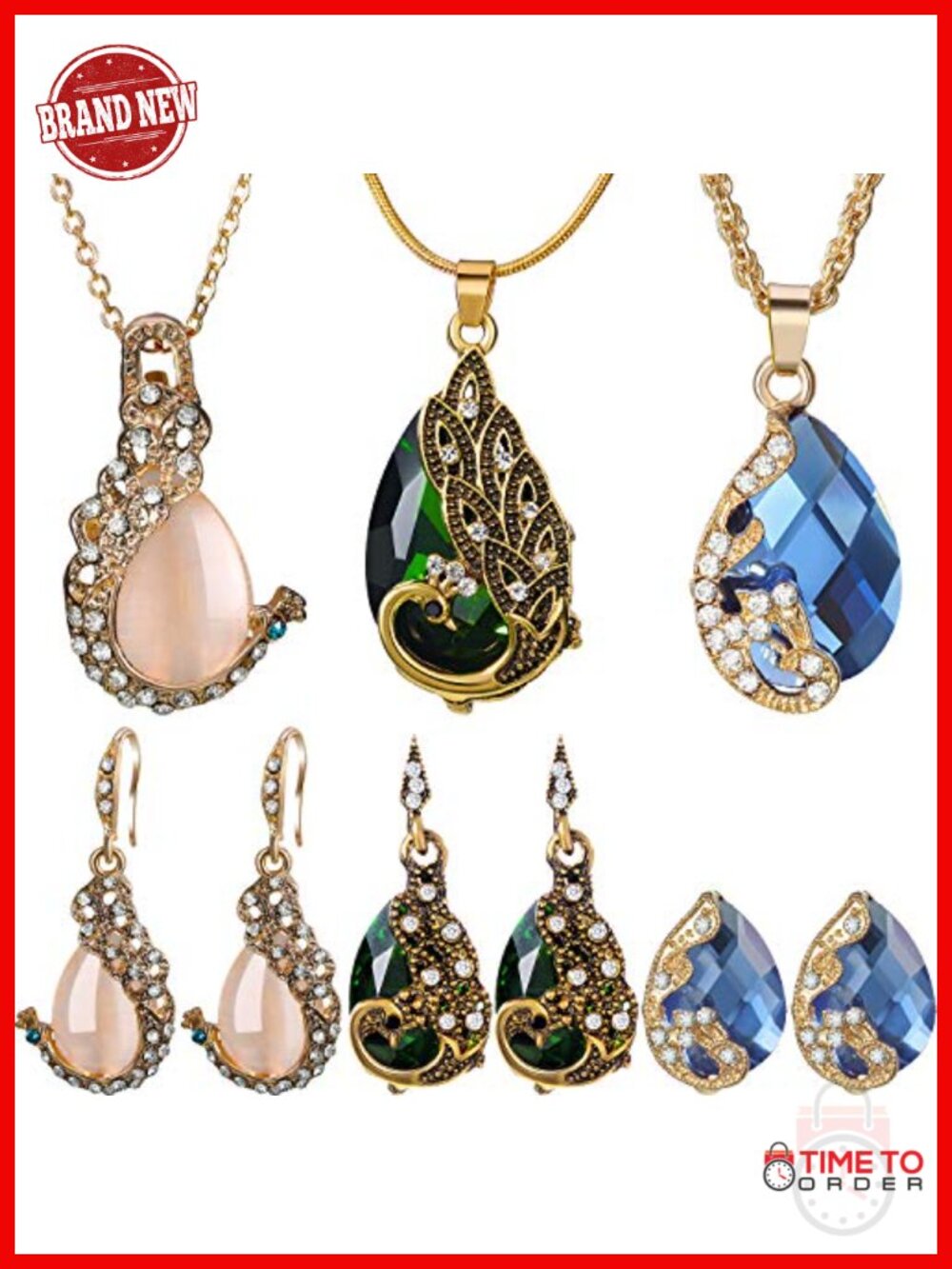 3pc Peacock Jewelry Set Crystal Waterdrop Necklace Earrings Alloy Rhinestone